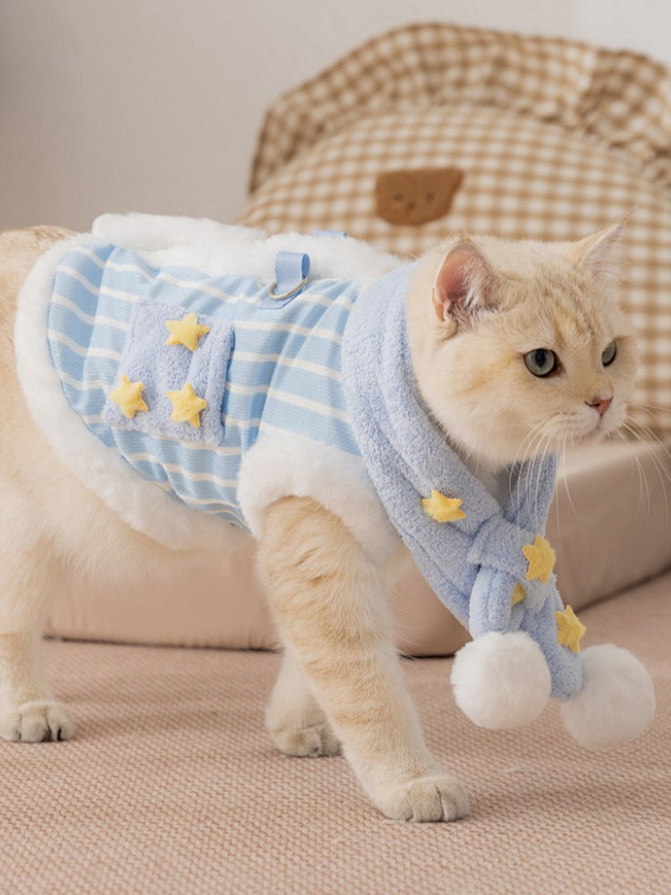 Blue striped pet vest and scarf set with embroidered stars and pom-poms - View 6 | TEVQA