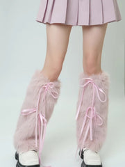 Pink Faux Fur Y2K Leg Warmers with Satin Ribbons