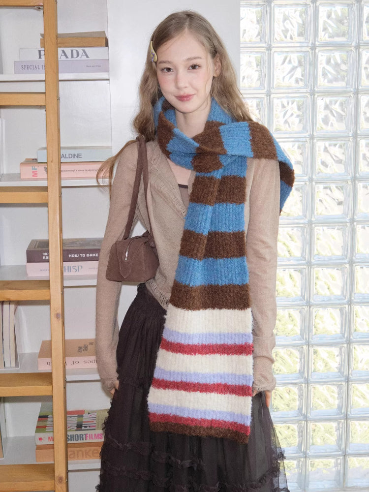Blue Brown Striped Soft Chunky Knit Scarf