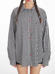 Vintage Inspired Mixed Gingham Oversized Button-Down Shirt - TEVQA