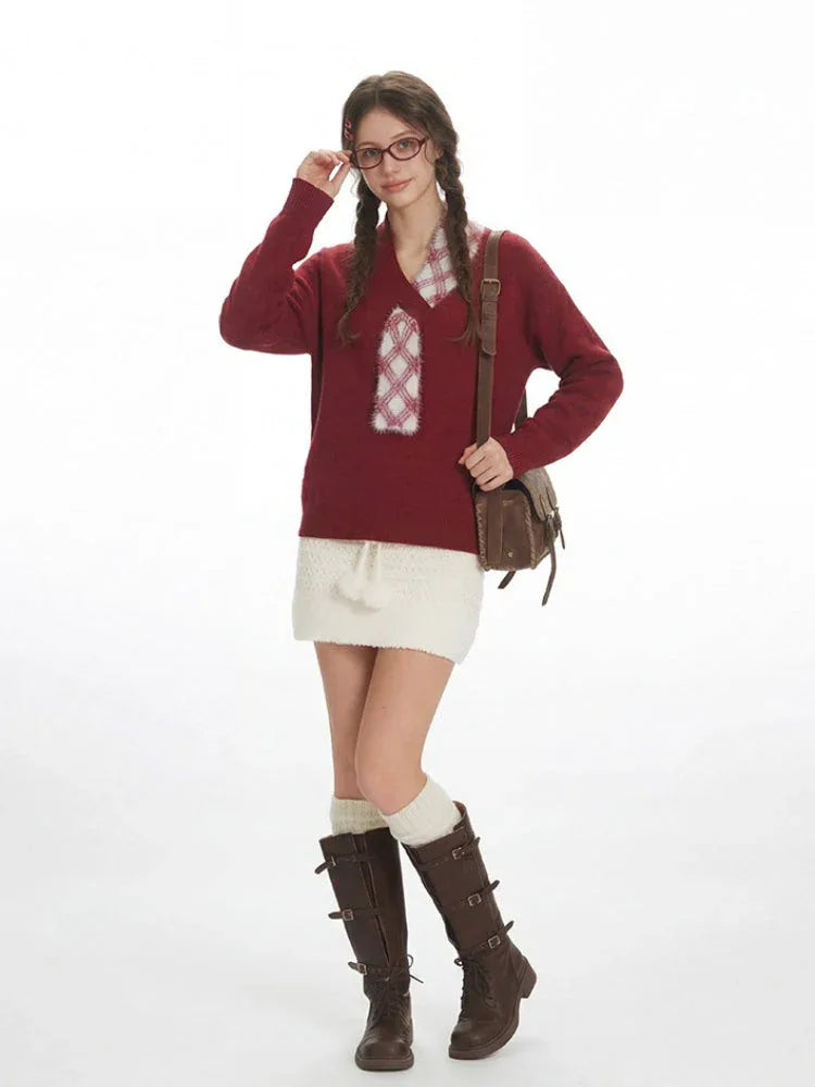 Woman adjusts her glasses while wearing a burgundy v-neck sweater with a white plaid detail, a white textured mini skirt, white knee-high socks, and brown buckled boots, carrying a brown crossbody bag.