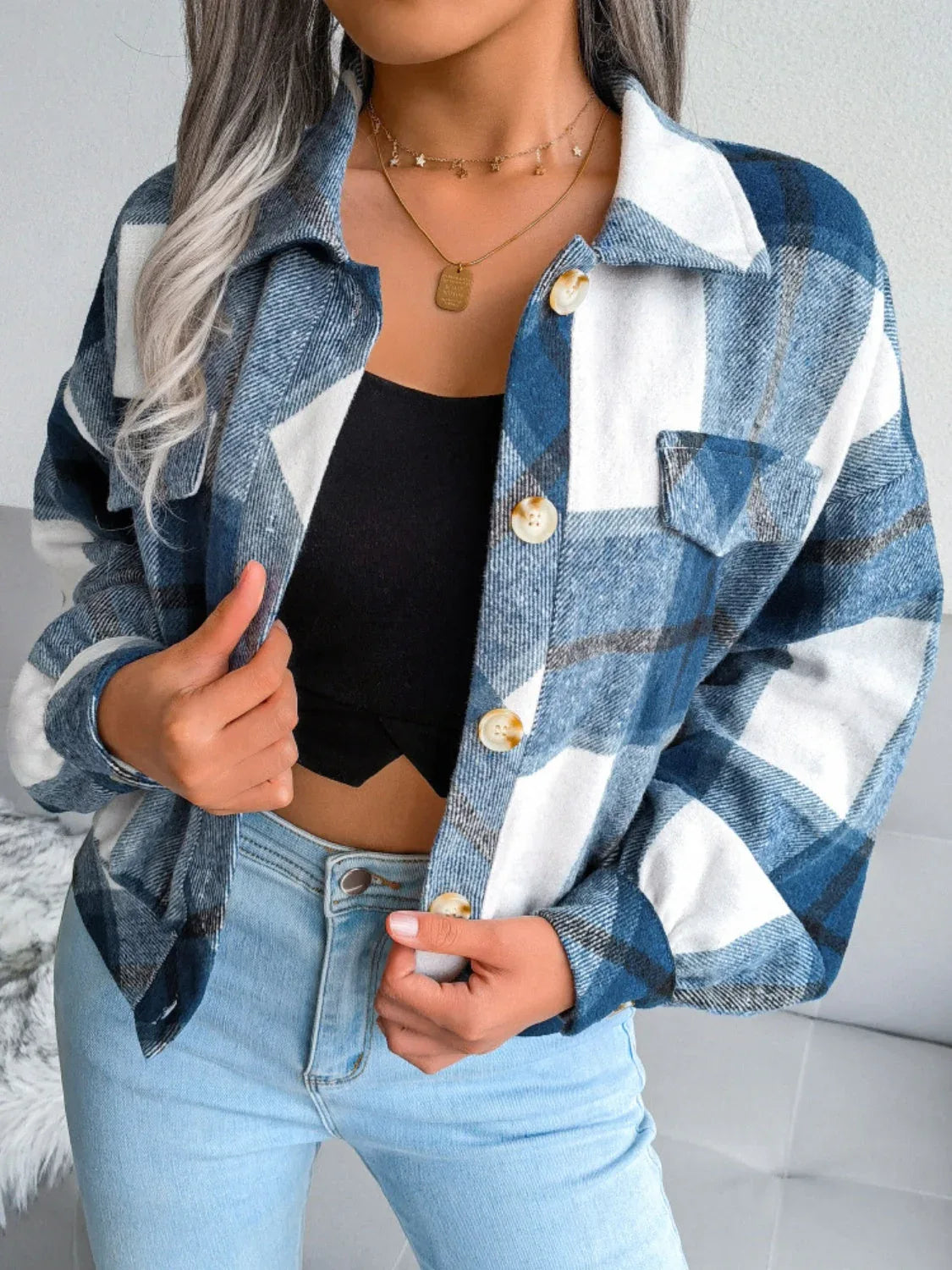 Plaid wool blend cropped shacket with lantern sleeves - View 24 | TEVQA