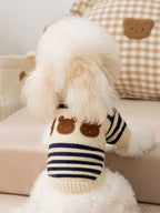 Back view of a white poodle wearing a cream and navy striped dog sweater with embroidered bear appliques
