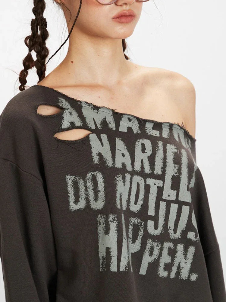 Vintage Charcoal Distressed Off-Shoulder Sweatshirt - TEVQA