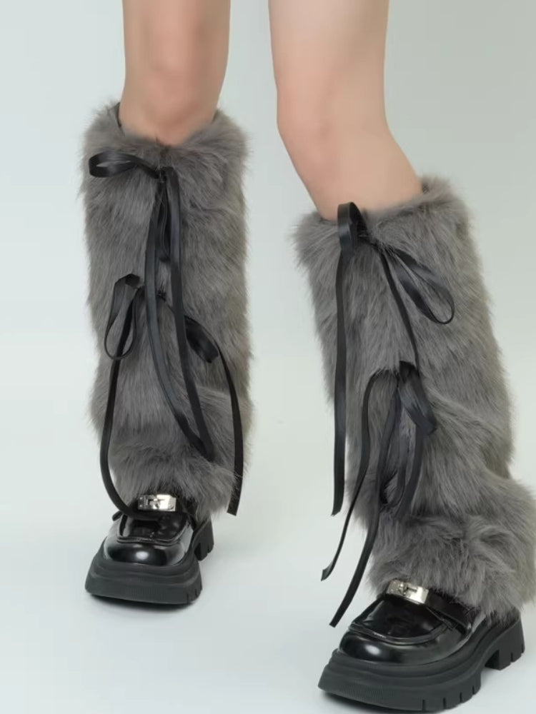 Faux fur leg warmers with satin ribbon ties - View 9 | TEVQA