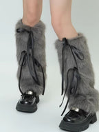 Faux fur leg warmers with satin ribbon ties - View 9 | TEVQA