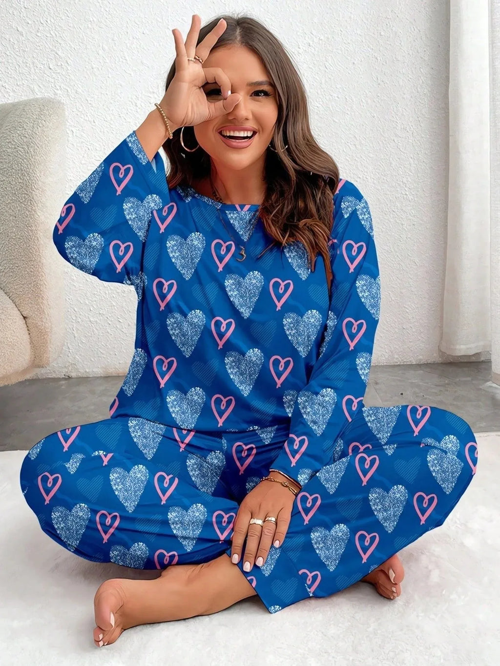 Plus Size Pink Heart Print Jogger Pajama Set - View 20 | TEVQA