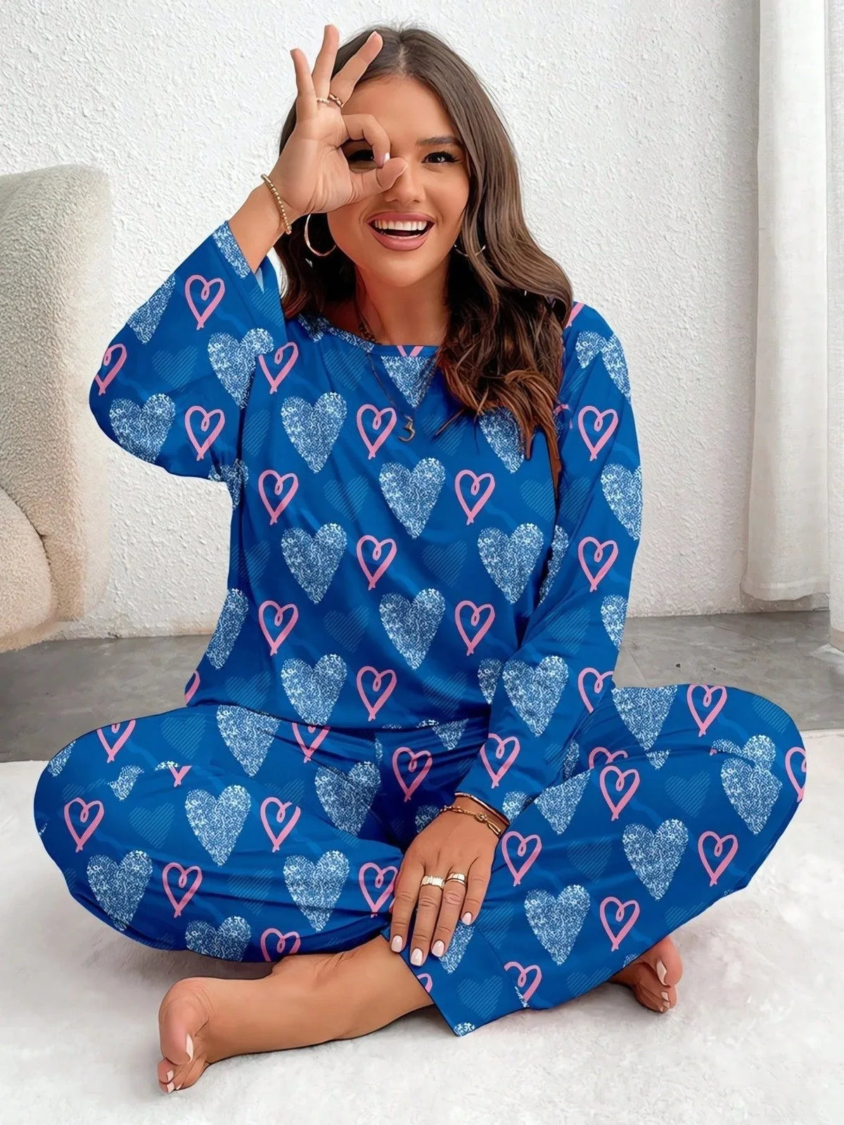 Plus Size Pink Heart Print Jogger Pajama Set - View 20 | TEVQA