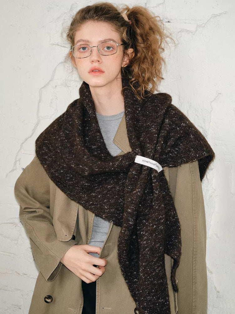 Oversized Marled Knit Triangle Shawl Dark Brown