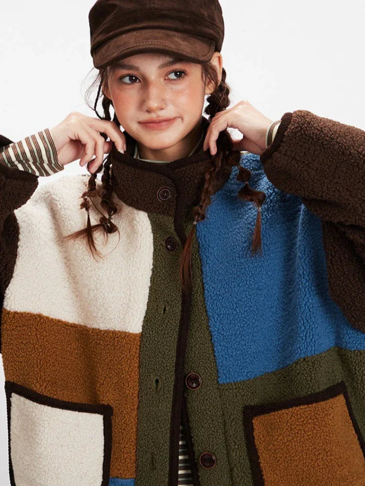 Close-up of the colorblock fleece jacket's texture and patchwork design