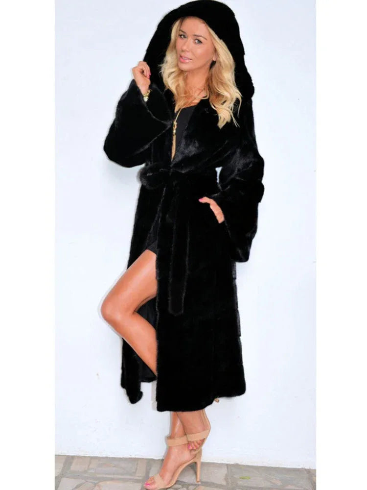 Hooded Faux Fur Long Coat Secondary image