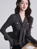 Tie-Neck Ribbed Knit Top Dark Grey