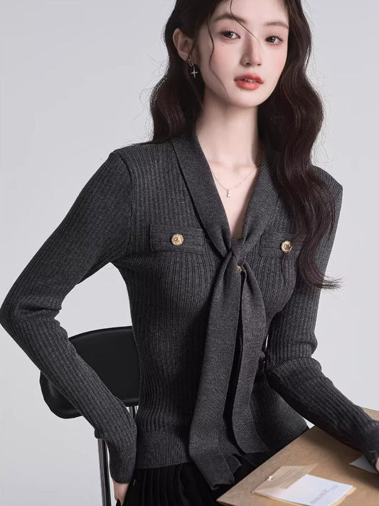 Tie-Neck Ribbed Knit Top Dark Grey