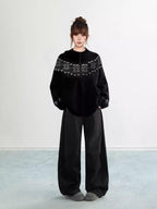 Black Fair Isle Hooded Zip Knit Cardigan Snowflake Pattern