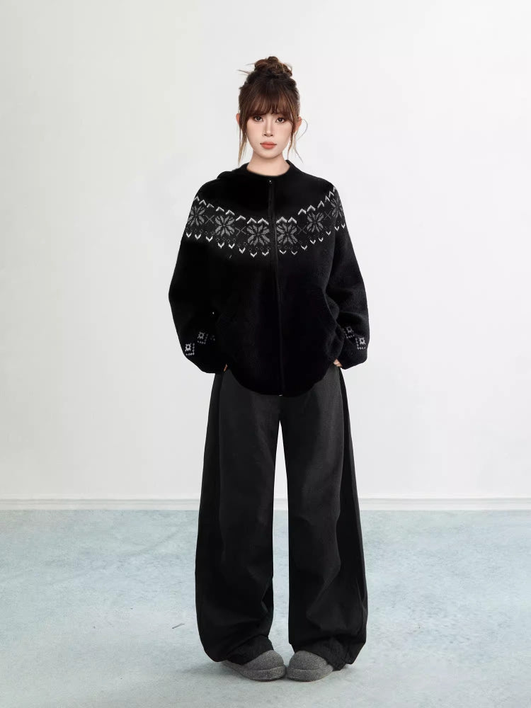 Black Fair Isle Hooded Zip Knit Cardigan Snowflake Pattern