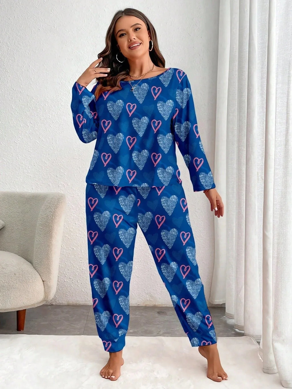 Plus Size Pink Heart Print Jogger Pajama Set - View 16 | TEVQA