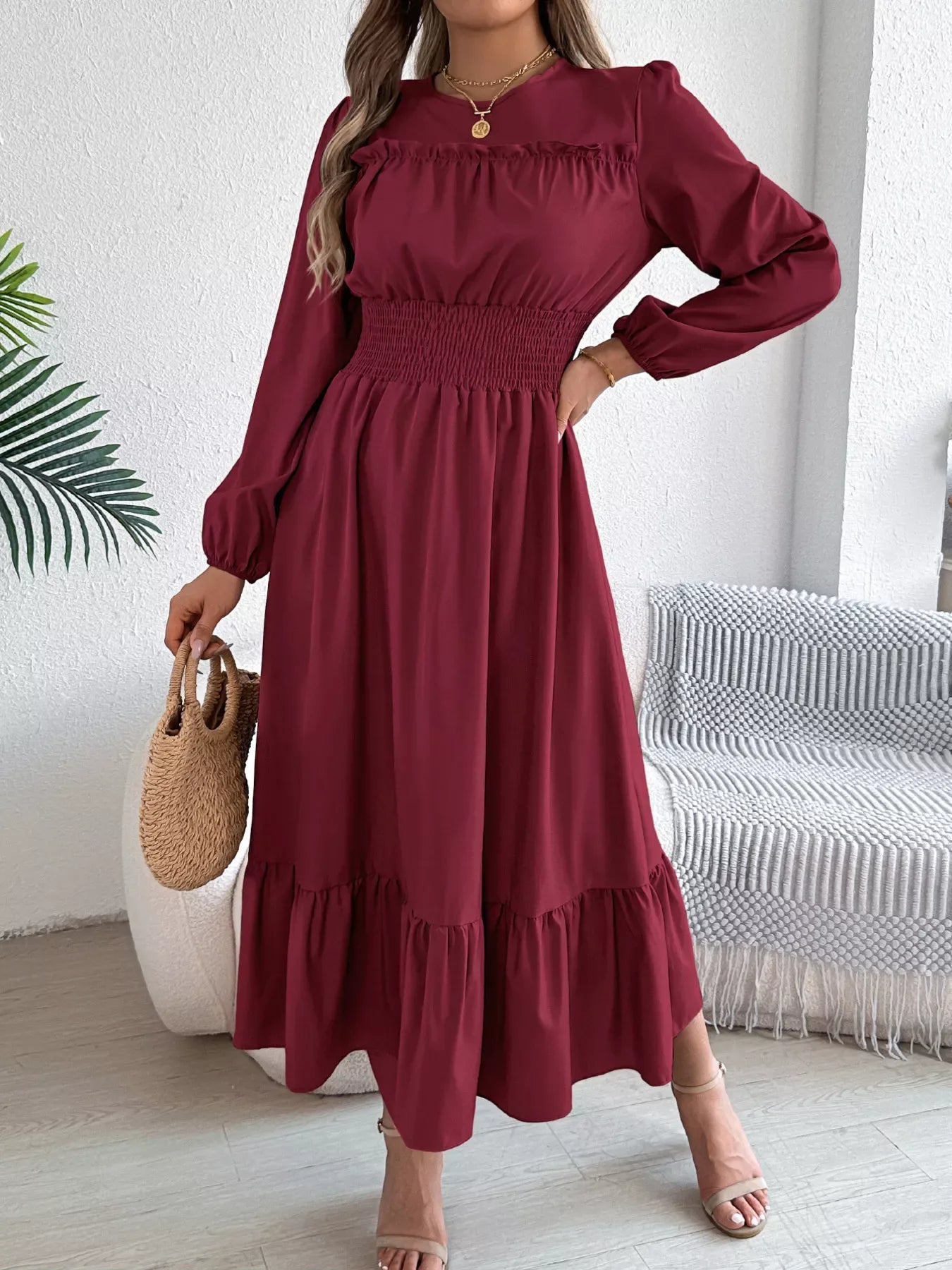 Emerald Green Ruffle Smocked Waist Maxi Dress - View 6 | TEVQA