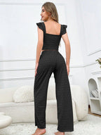 Textured eyelet pajama set with ruffle sleeves and tie front - View 17 | TEVQA