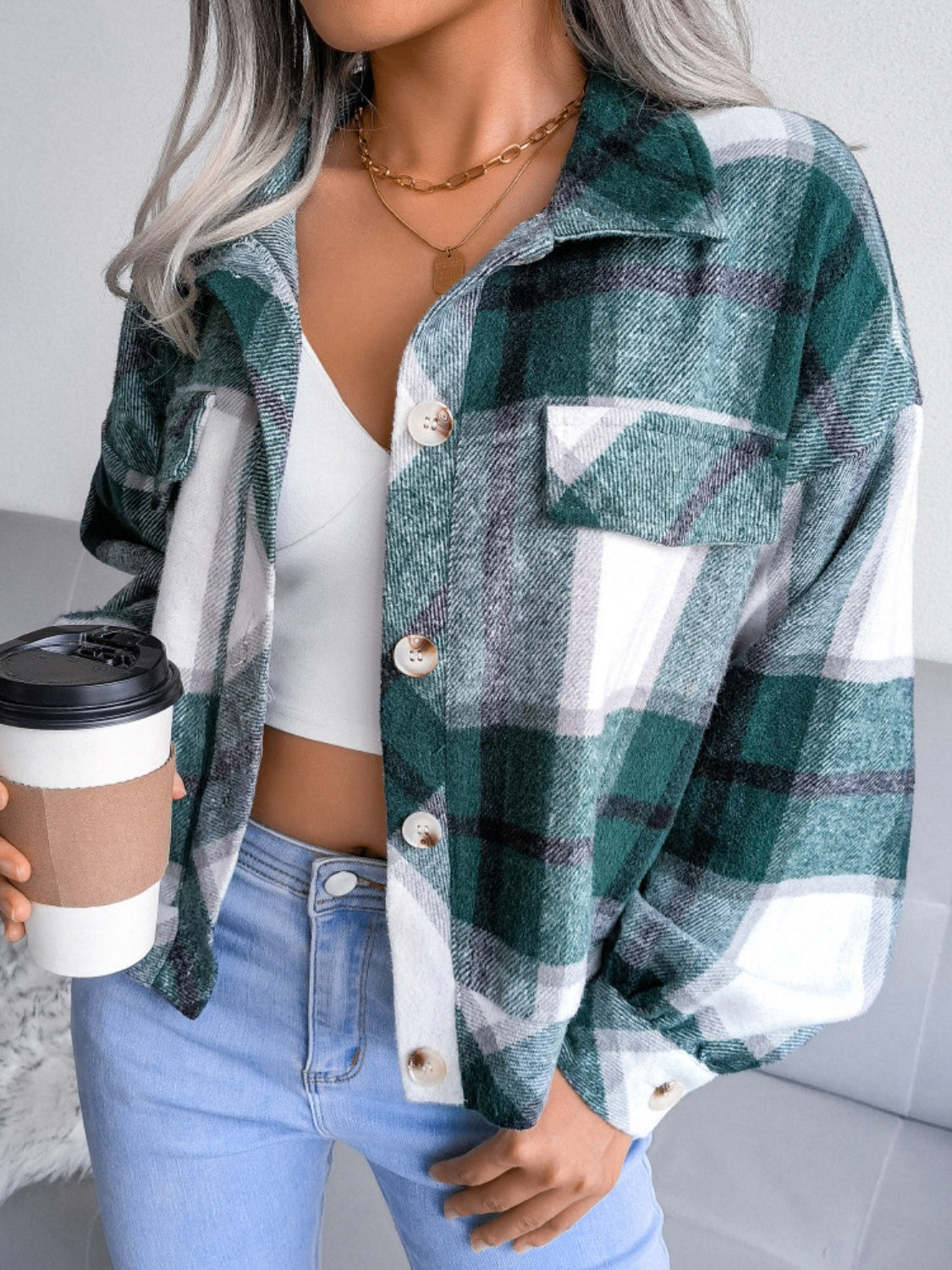 Plaid Wool Blend Lantern Sleeve Cropped Shacket
