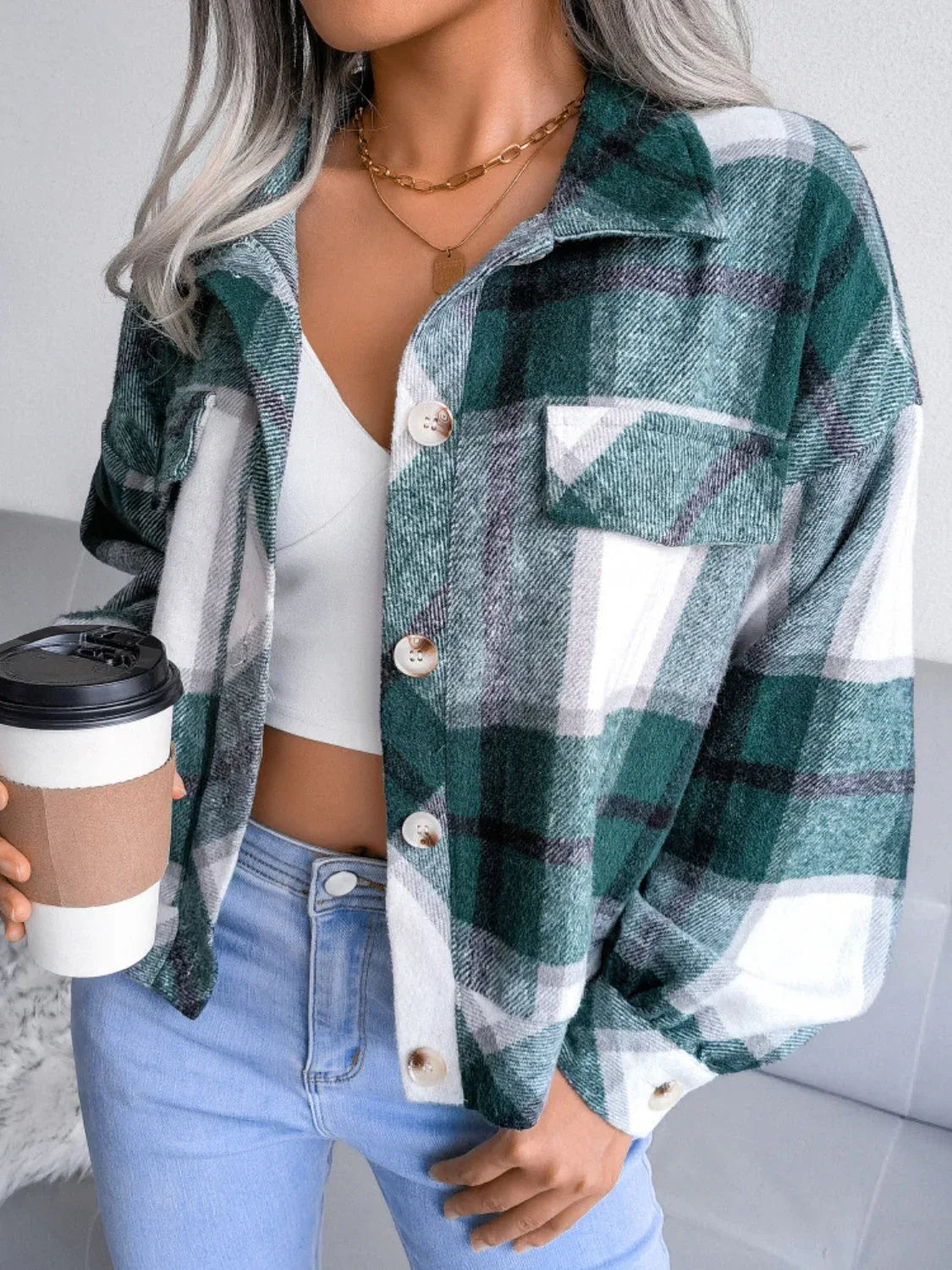 Plaid wool blend cropped shacket with lantern sleeves - View 14 | TEVQA