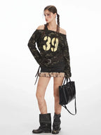 Y2K Grunge Camo Asymmetrical Long Sleeve Top - TEVQA