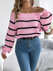 White Striped Off-Shoulder Knit Sweater