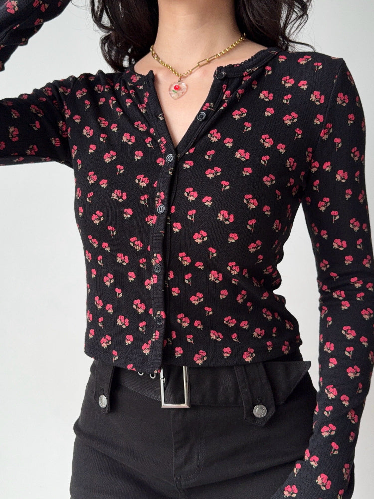 Vintage Floral Ribbed Knit Button-Up Cardigan