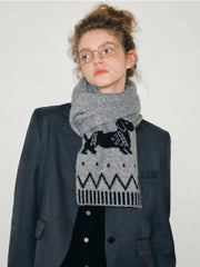 Grey Knit Scarf with Dachshund Dog Pattern