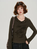 Vintage V-Neck Ruffle Print Long Sleeve Olive
