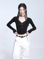Ribbed knit crop top with lace trim neckline - View 6 | TEVQA