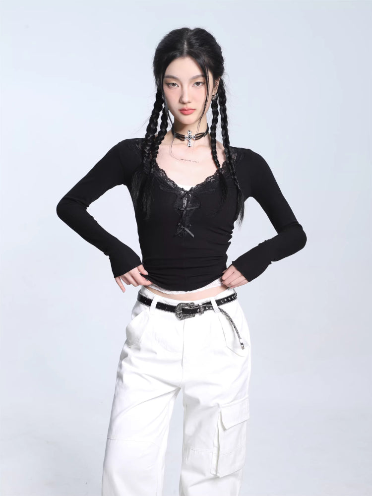 Ribbed knit crop top with lace trim neckline - View 6 | TEVQA