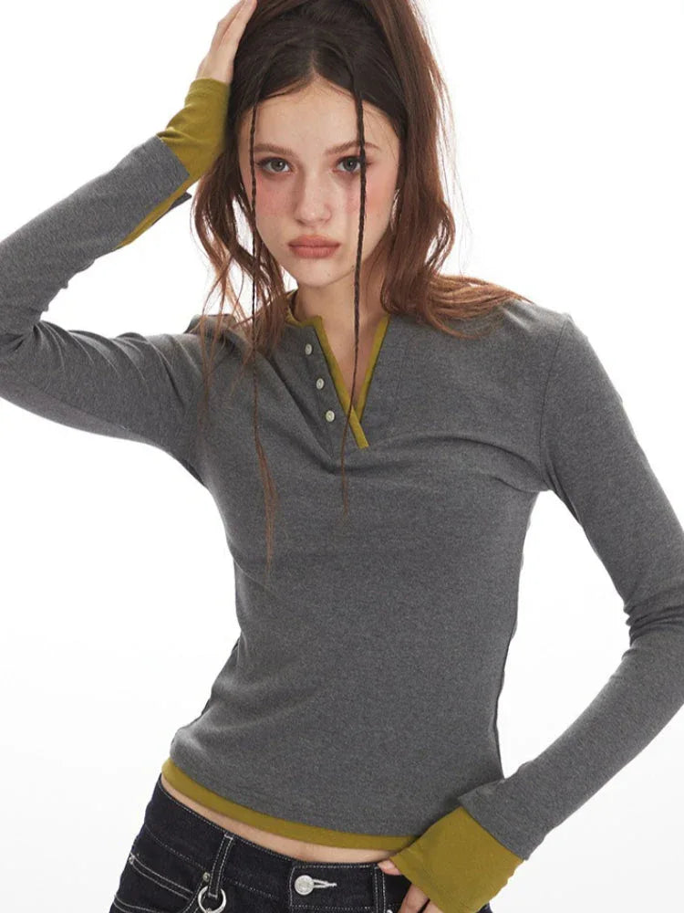 Y2K Grunge Faux Layered Henley Top - TEVQA