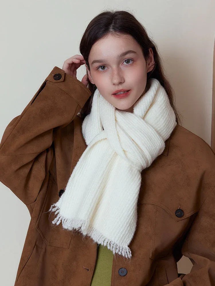 Cream Wool Blend Ribbed Scarf - TEVQA