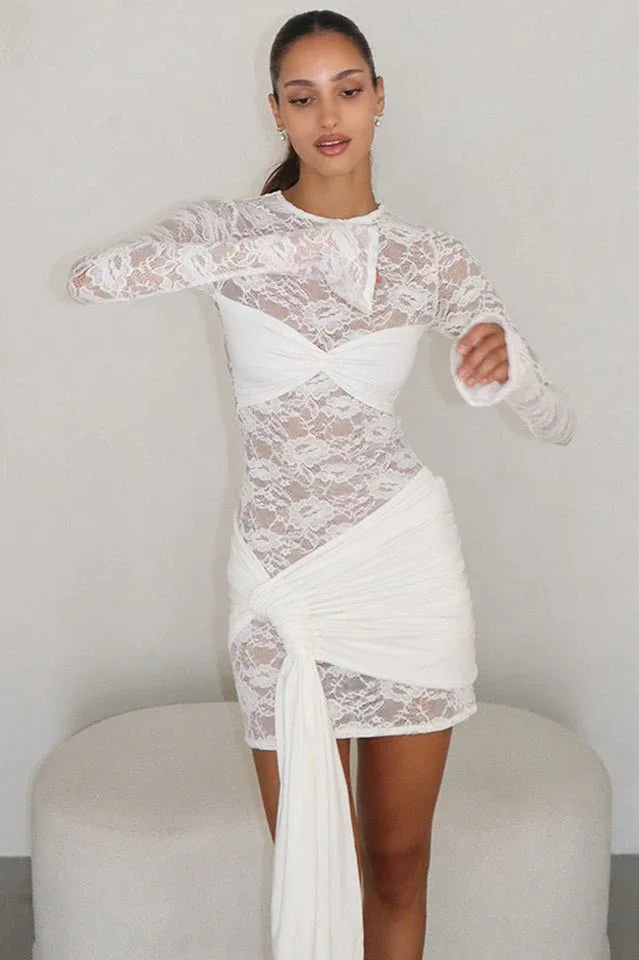 Fleur de Lune Lace Ruched Mini Dress - View 16 | TEVQA