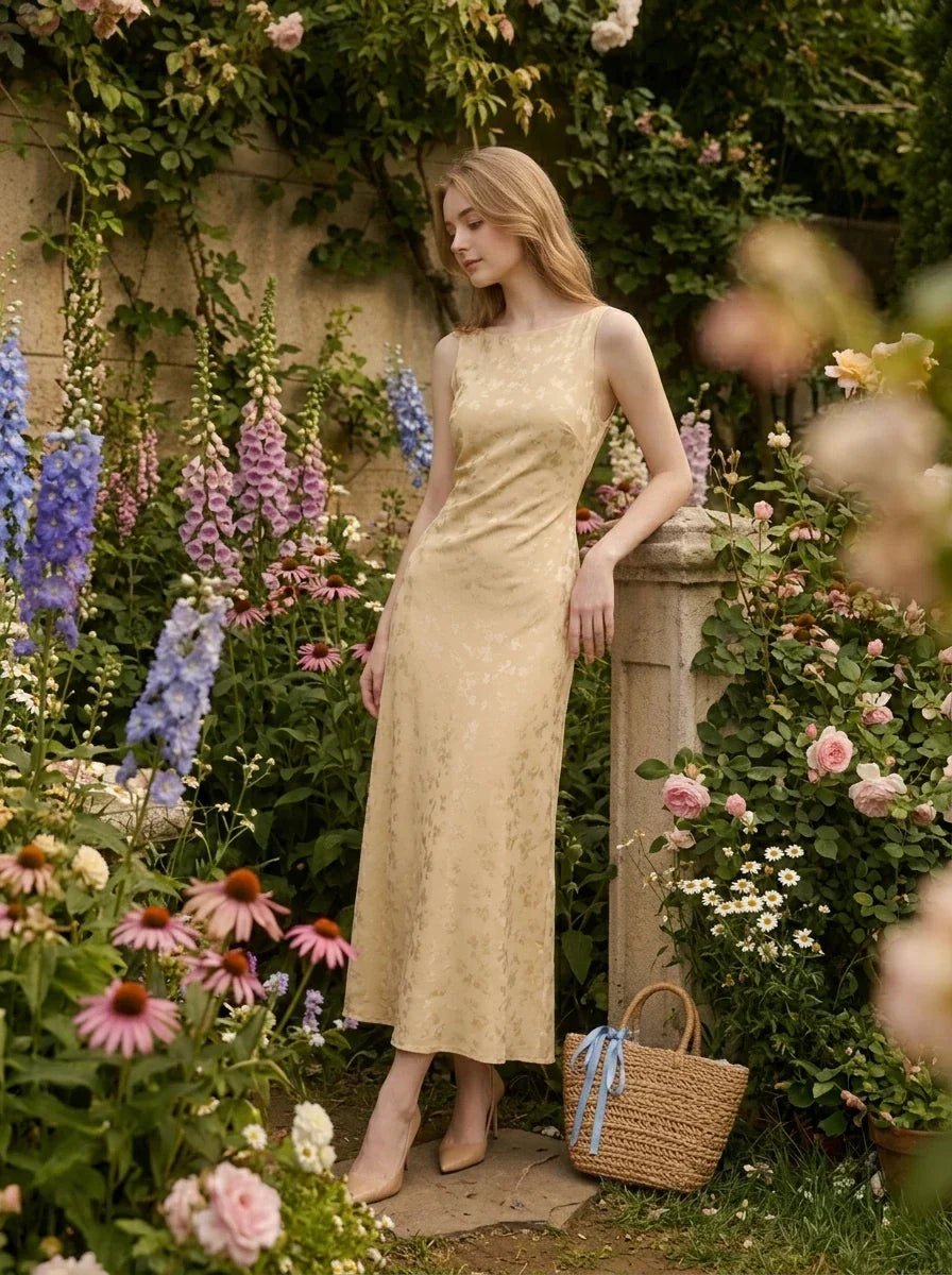 Woman wearing a sleeveless yellow maxi dress with a floral jacquard pattern leaning on a stone pillar in a garden setting.