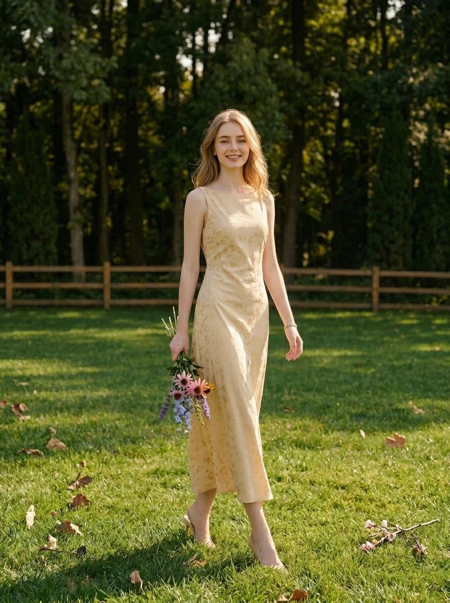 Woman wearing a sleeveless yellow maxi dress with a floral jacquard pattern walking in a grassy area with a bouquet of flowers.