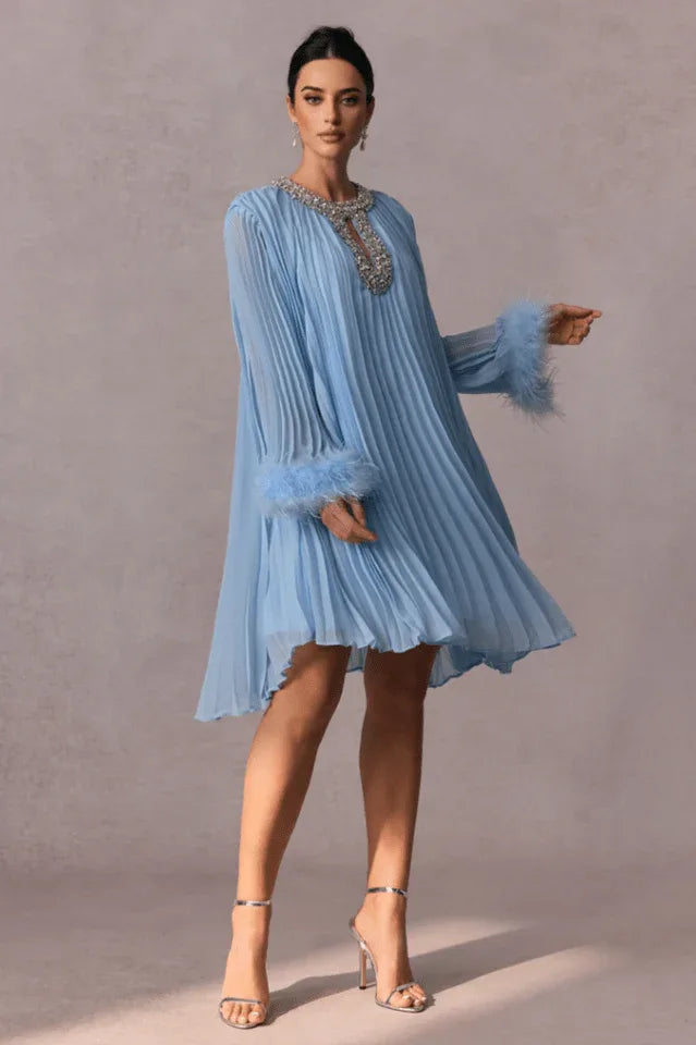 Gabrielle Diamante Feathered Pleated Mini Dress - View 7 | TEVQA