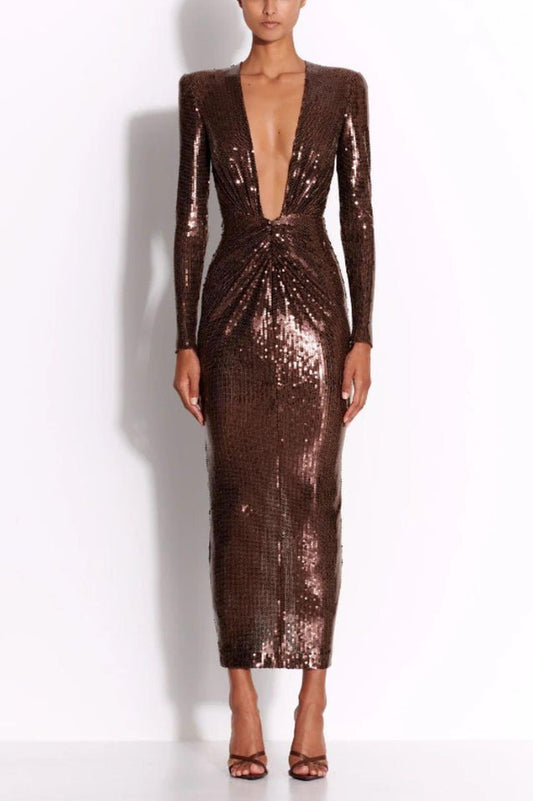 Gathered Sequined Midi Dress in Brown - Tevqa