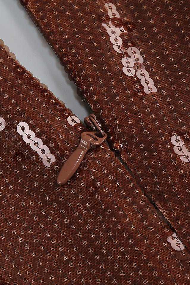 Gathered Sequined Midi Dress in Brown - Tevqa