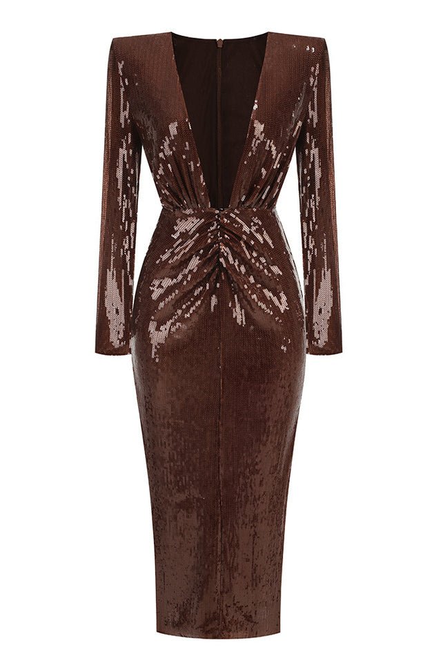 Gathered Sequined Midi Dress in Brown - Tevqa