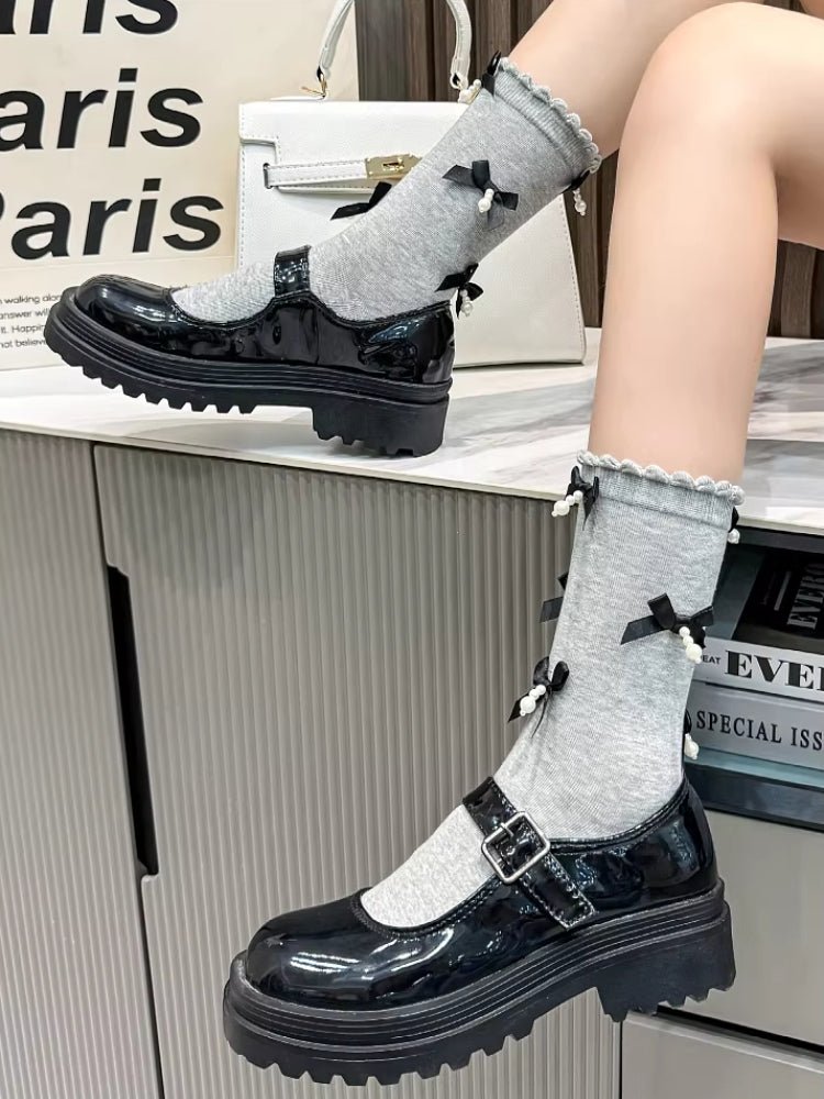 Grey knee high socks with black satin bows and faux pearl embellishments - View 10 | TEVQA