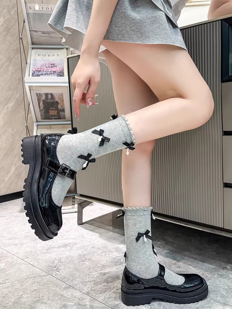Grey knee high socks with black satin bows and faux pearl embellishments - View 6 | TEVQA