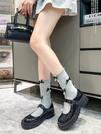 Grey knee high socks with black satin bows and faux pearl embellishments - View 9 | TEVQA