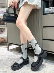 Grey Bow Pearl Socks Coquette Balletcore Knee High - TEVQA