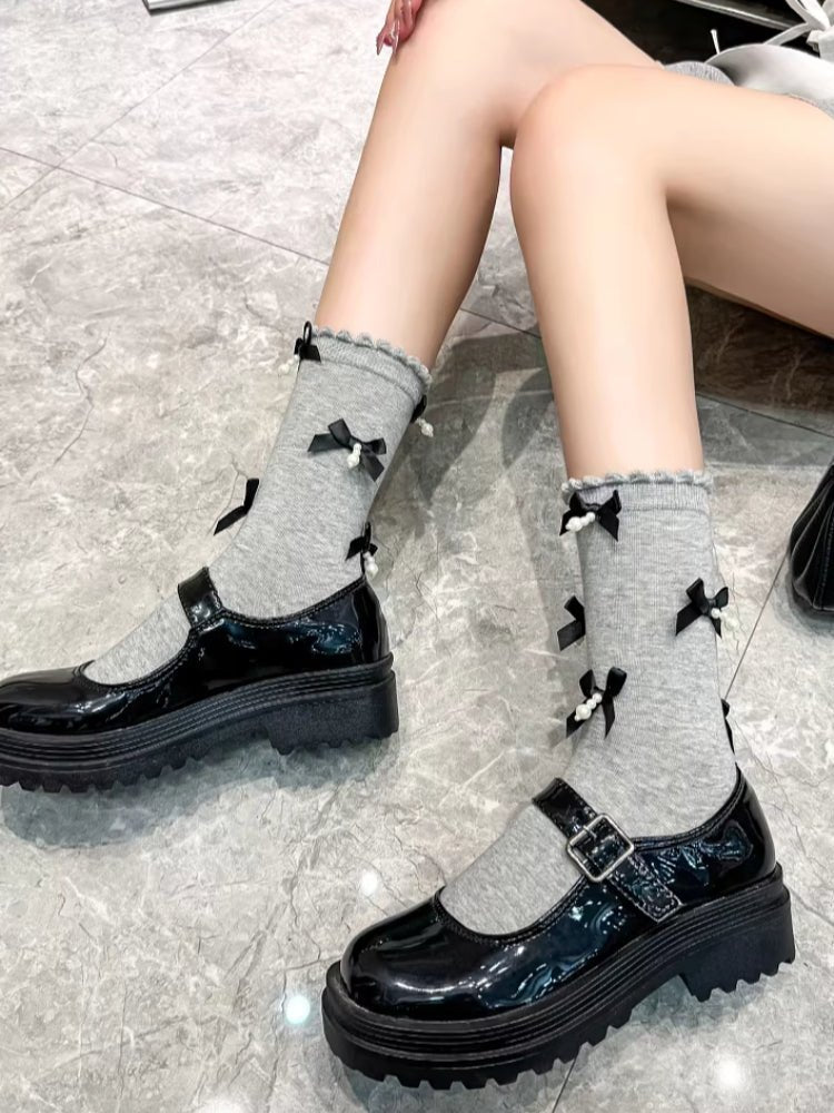 Grey knee high socks with black satin bows and faux pearl embellishments - View 7 | TEVQA