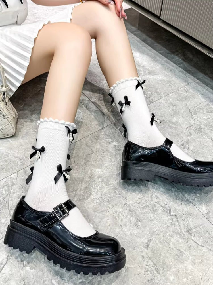 Grey knee high socks with black satin bows and faux pearl embellishments - View 13 | TEVQA