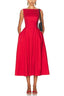 Model wearing a red sleeveless midi dress with a boat neck and full skirt.
