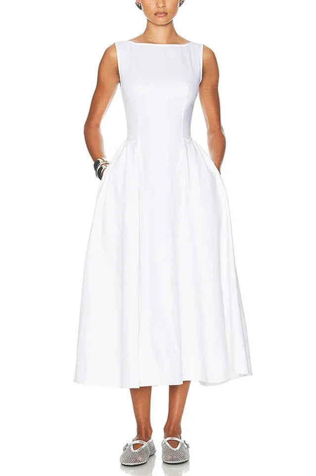 Model wearing a white sleeveless midi dress with a boat neck and full skirt.