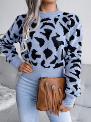 Women's casual leopard waist closed knit navel sweater-[Adult]-[Female]-2022 Online Blue Zone Planet