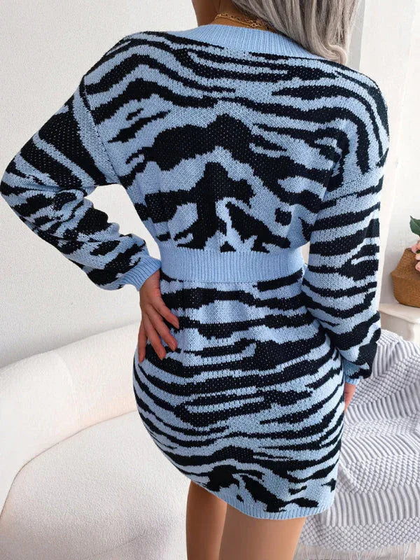 Khaki Tiger Print Knit Sweater Dress - View 12 | TEVQA